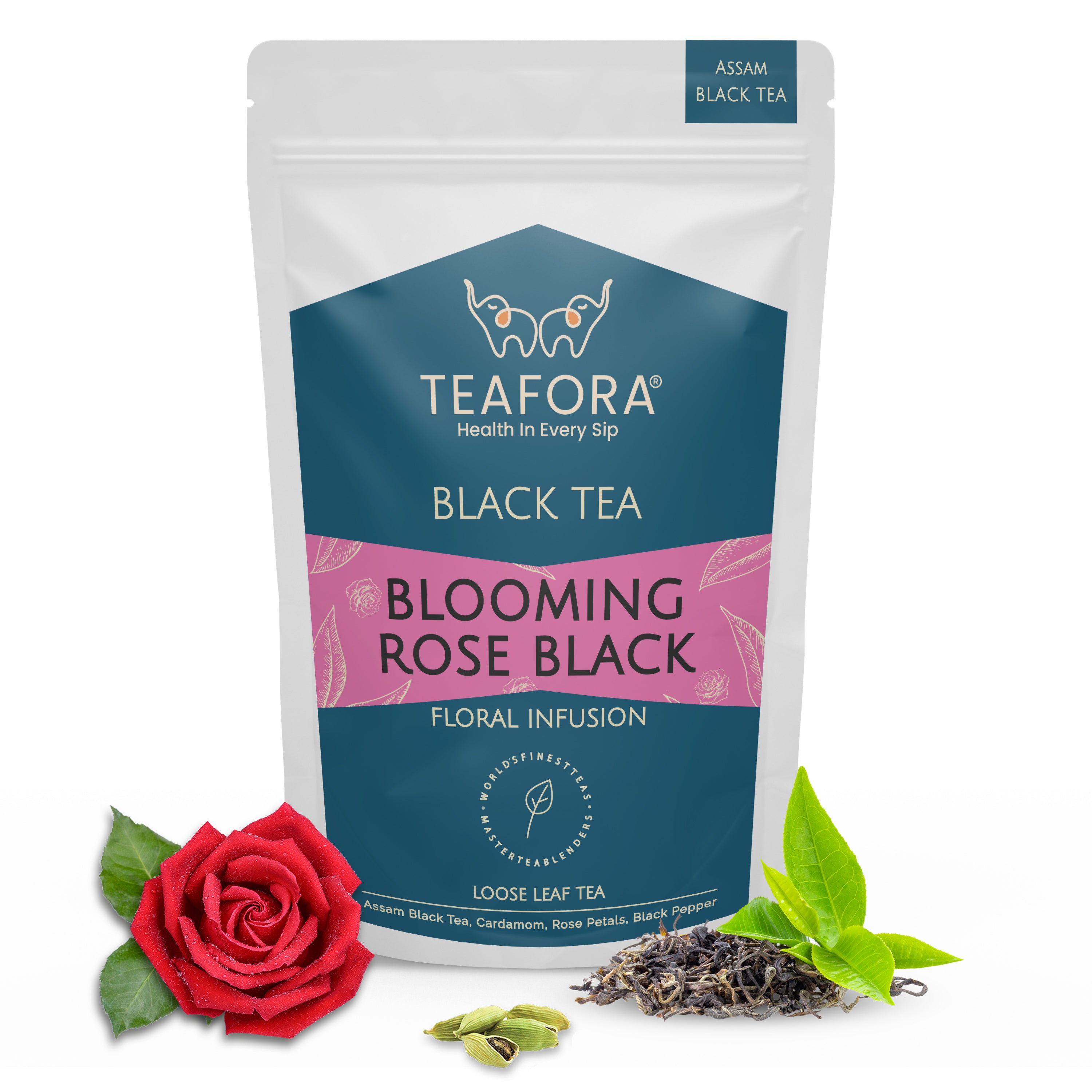 TEAFORA Blooming Rose Black Tea | Assam Loose Leaf Tea | Robust & Flavorful | Blended with Rose Petals, Cardamom, Saffron & Almond | 100% NATURAL INGREDIENTS - Dista