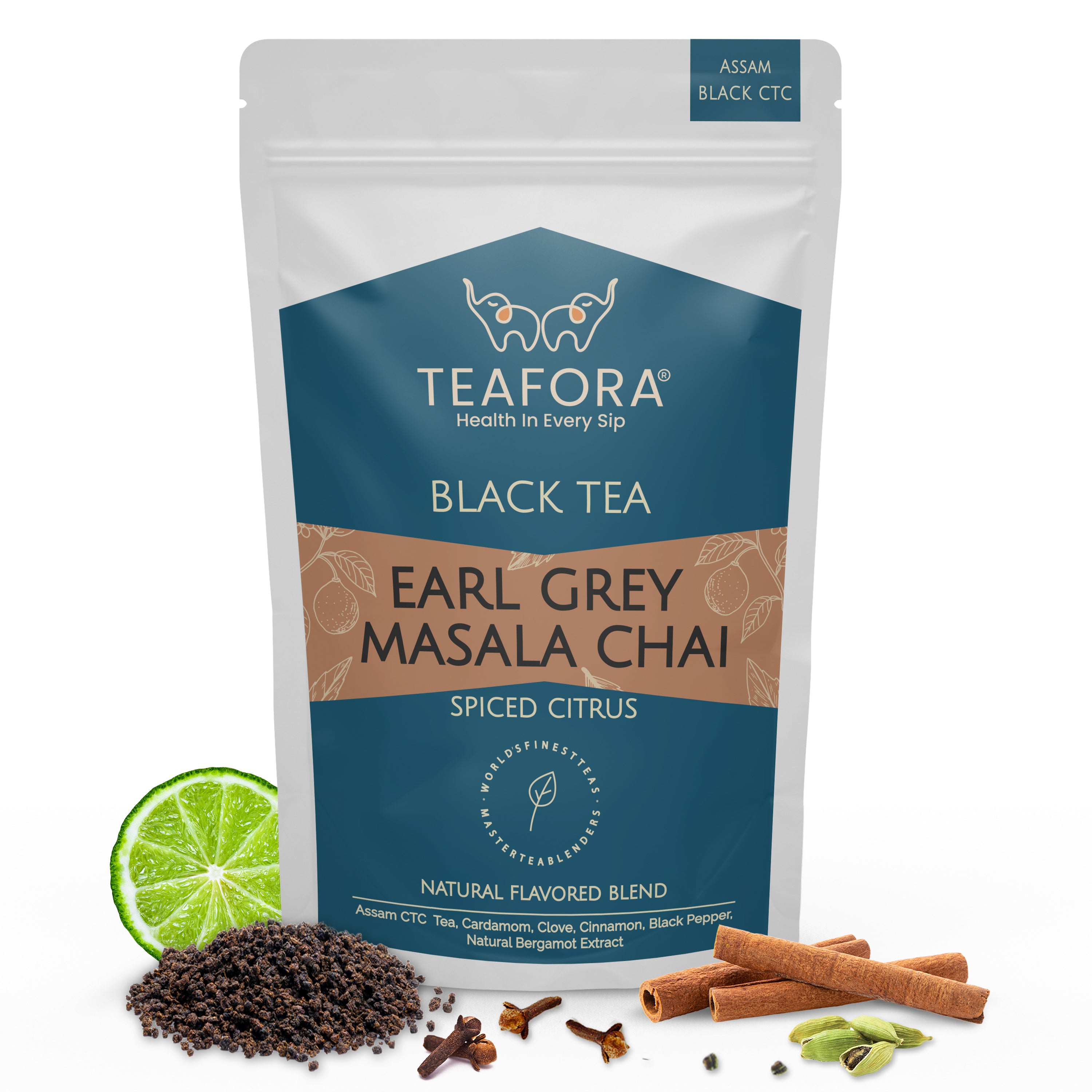 TEAFORA Earl Grey Masala Chai Tea | Spiced Citrus | Blend of Assam CTC, Cardamom, Cinnamon, Black Pepper, Clove, Natural Bergamot Extract | 100% NATURAL - Dista