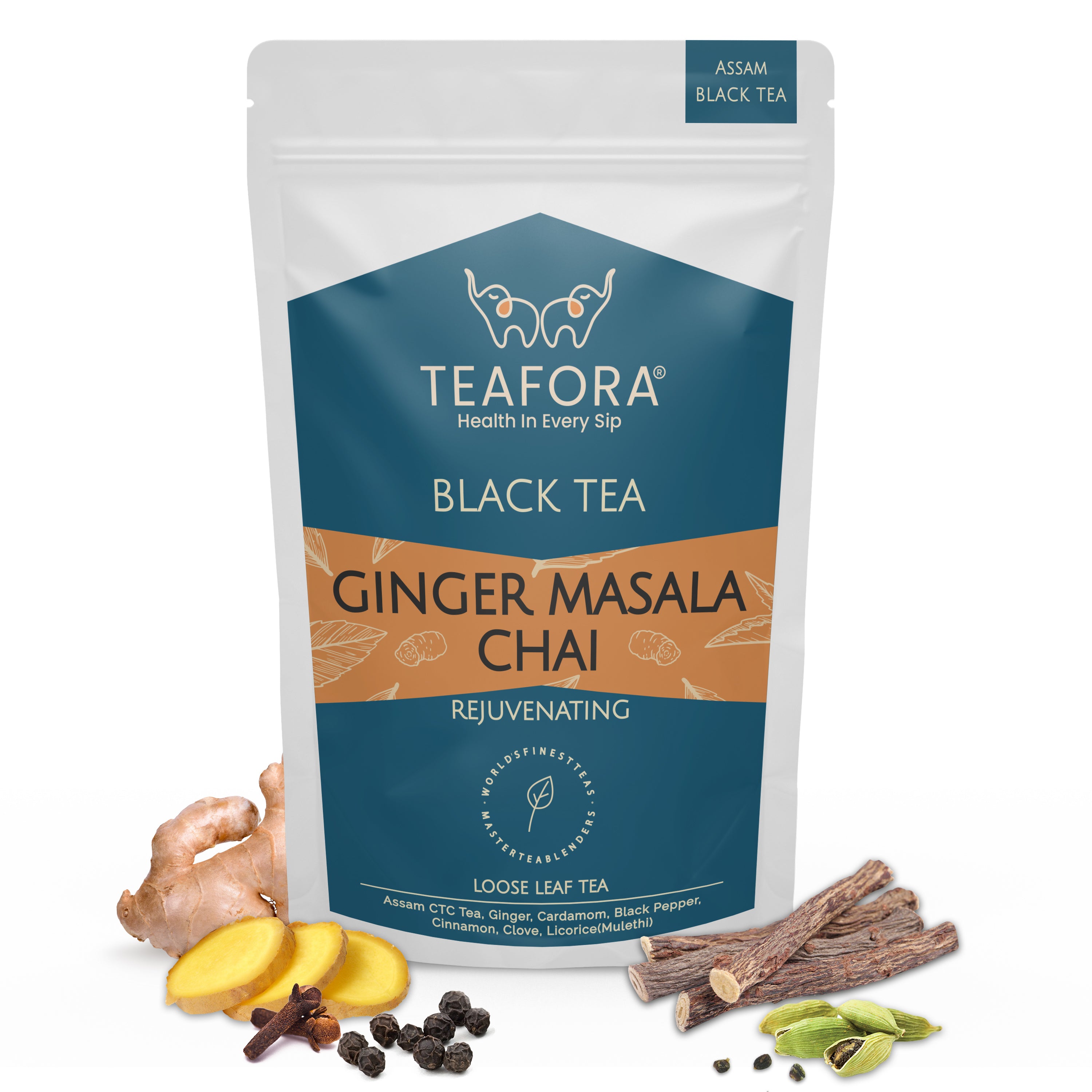 TEAFORA Ginger Masala Chai Tea | Assam CTC Loose Black Tea | Blended with Authentic Indian Spices | Indian Ginger Tea | 100% NATURAL INGREDIENTS - Dista