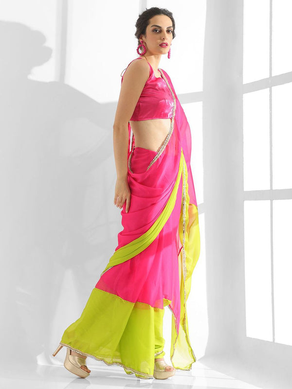 Mitera Colourblocked Mirror Work Pure Chiffon Saree - Distacart