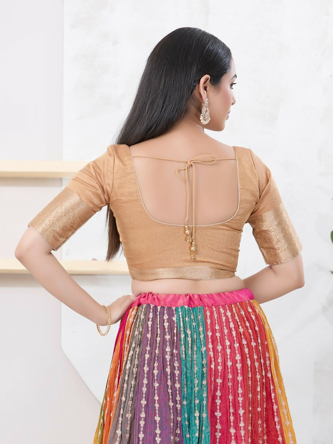 Joban Fashion Gold Brocade Elbow Sleeveless Front Open Blouse