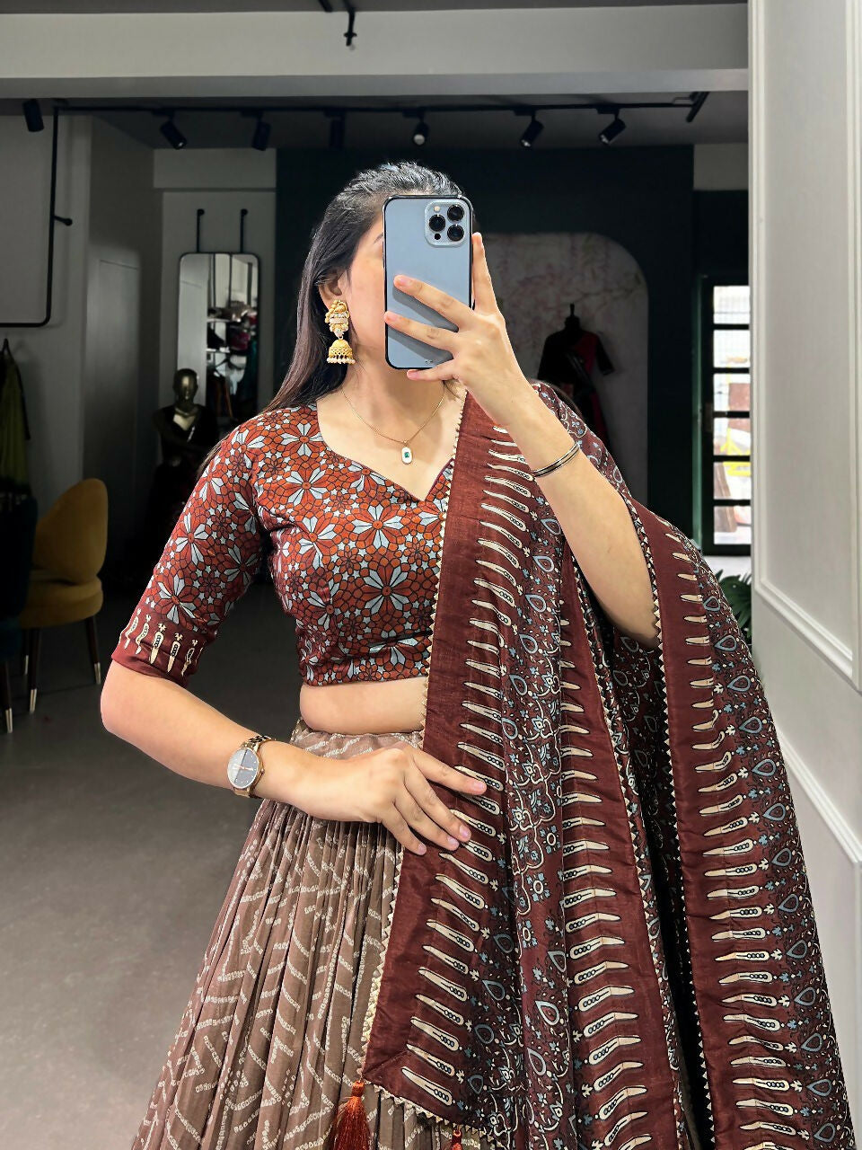 Vastranavya Bandhej And Ajarakh Print Tussar Silk Lehenga Choli - Brown - Distacart