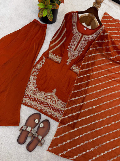 Teeya Creation New latest Trendy Embroidery Beads Work Kurta Sharara Set - Orange - Dista