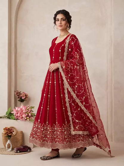 Teeya Creation Designer Red Heavy Zari & Sequins Work Anarkali Gown - Dista