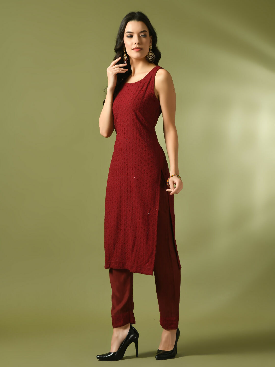Myshka Women's Maroon Embroidered Cotton Straight Party Kurta Set - Distacart