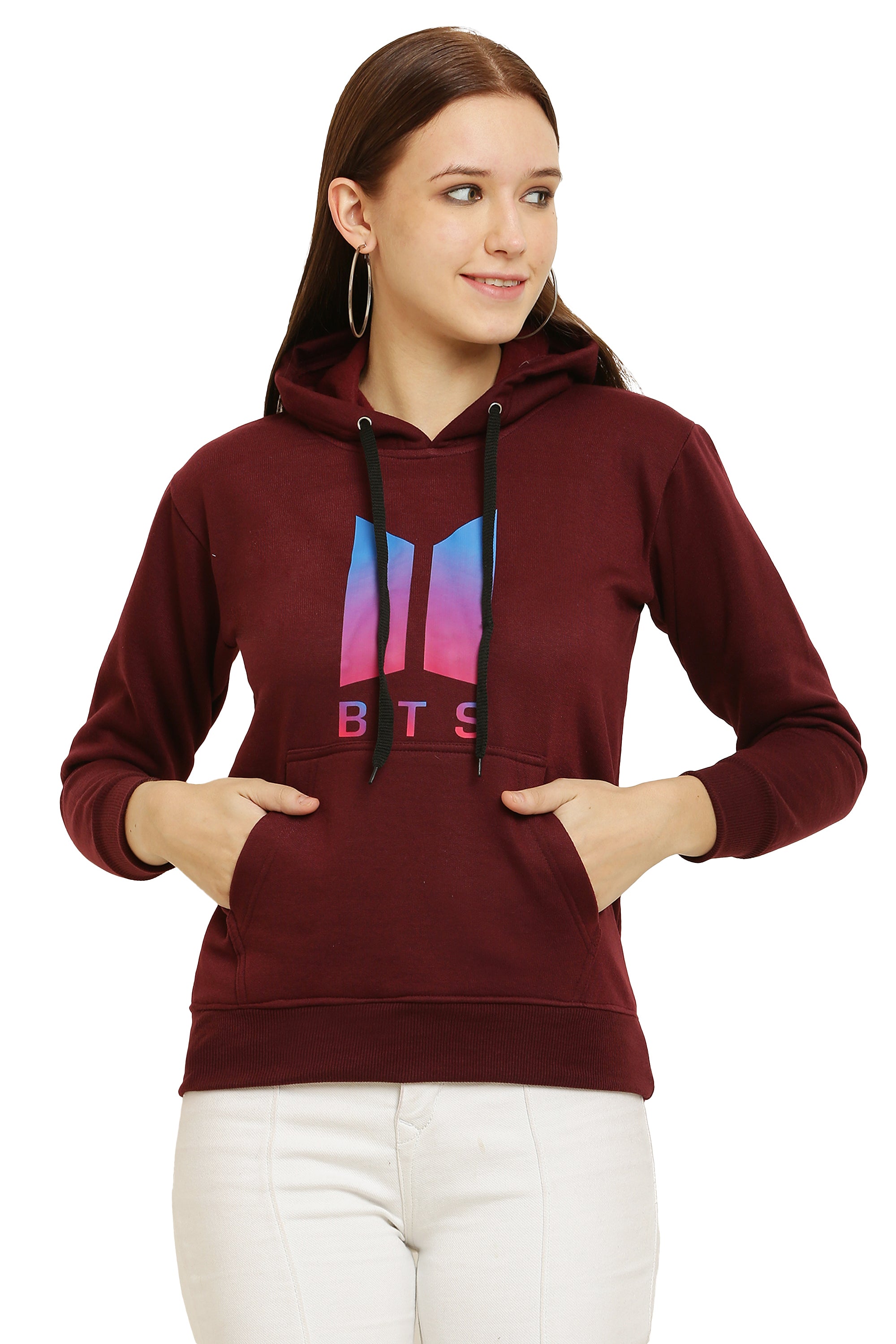 PAVONINE Maroon Color Bts-Design Pullover Hoodie Sweatshirt For Girls - Distacart