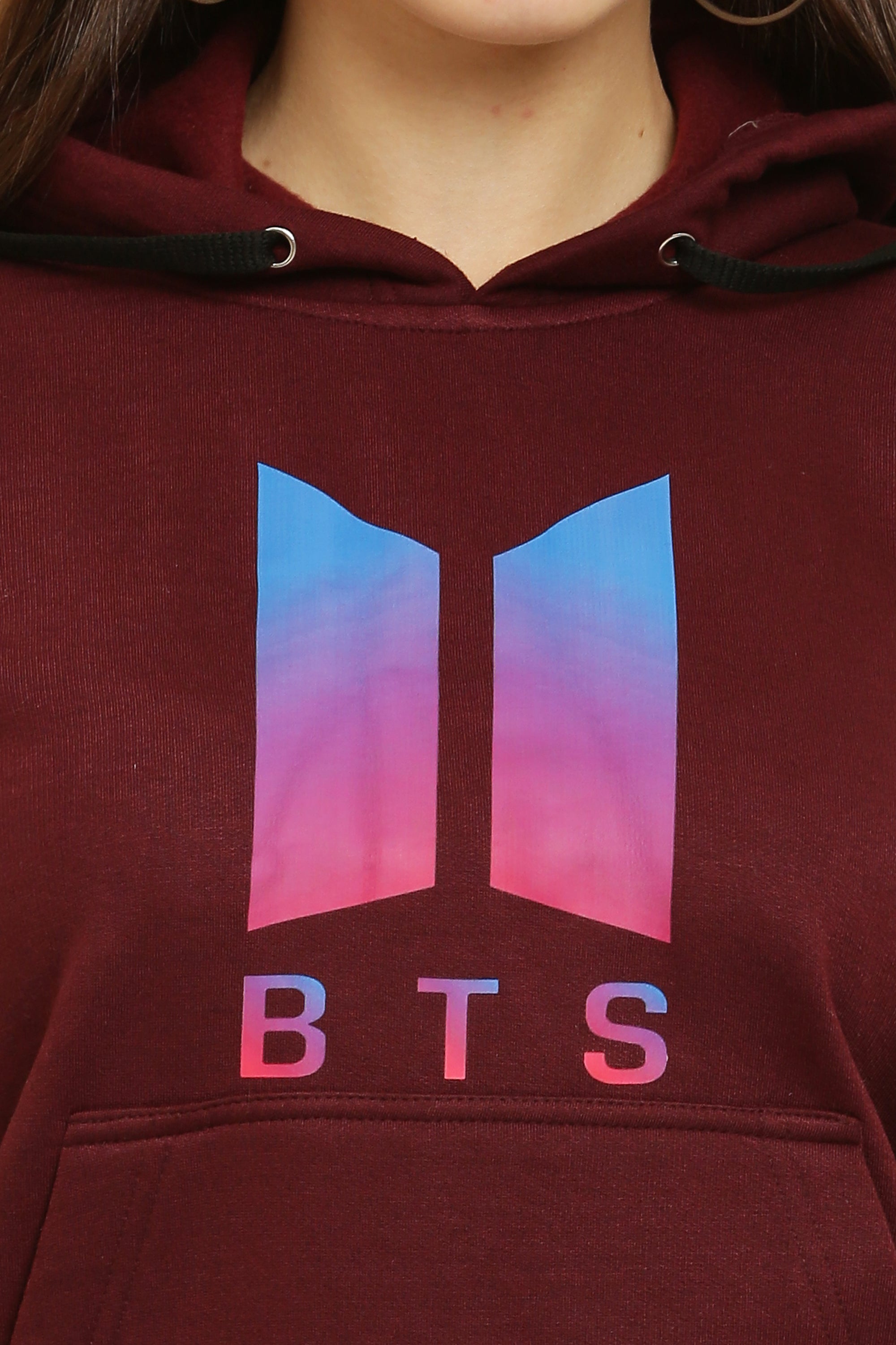 PAVONINE Maroon Color Bts-Design Pullover Hoodie Sweatshirt For Girls - Distacart