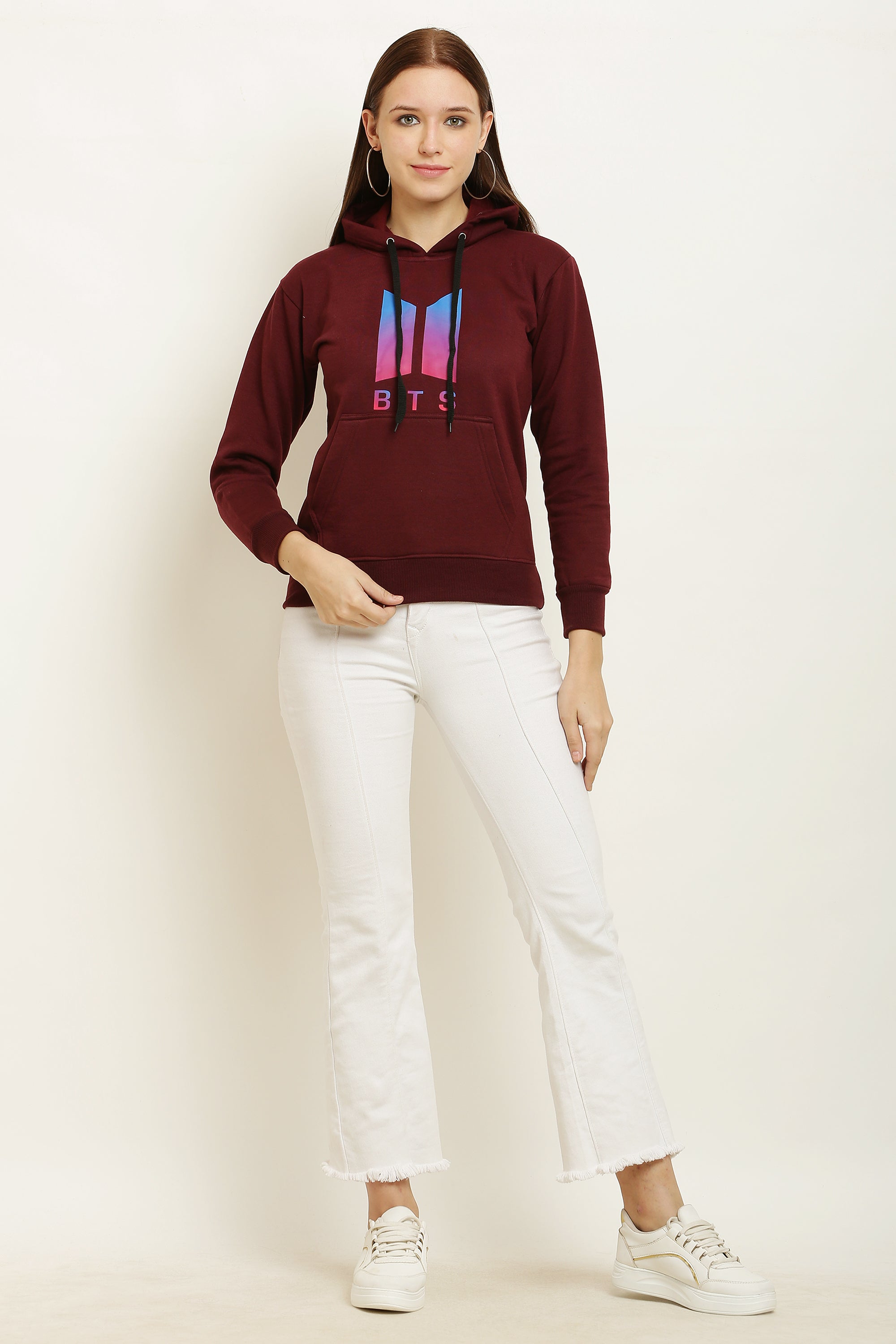 PAVONINE Maroon Color Bts-Design Pullover Hoodie Sweatshirt For Girls - Distacart