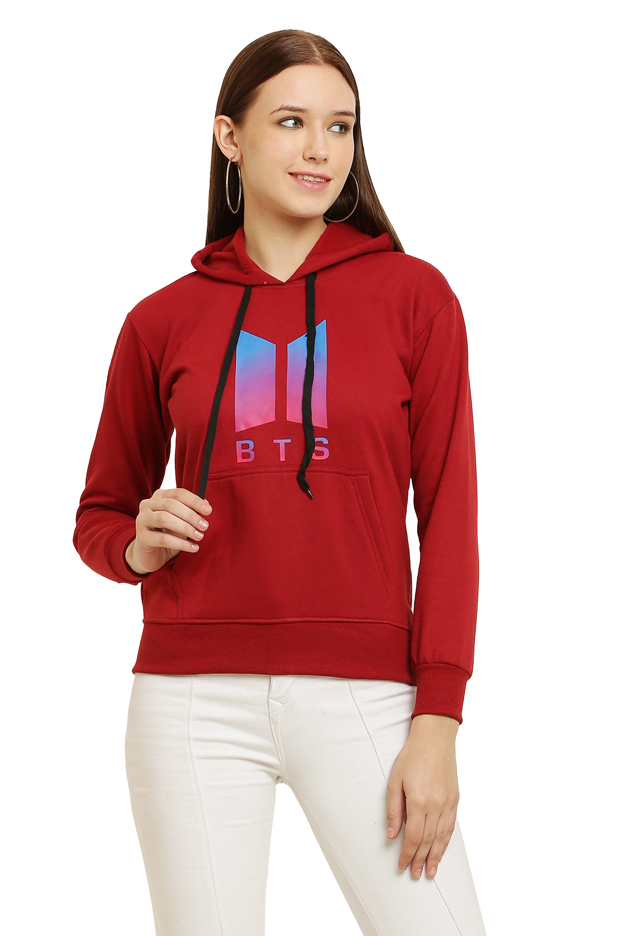 PAVONINE Red Color Bts-Design Pullover Hoodie Sweatshirt For Girls - Distacart
