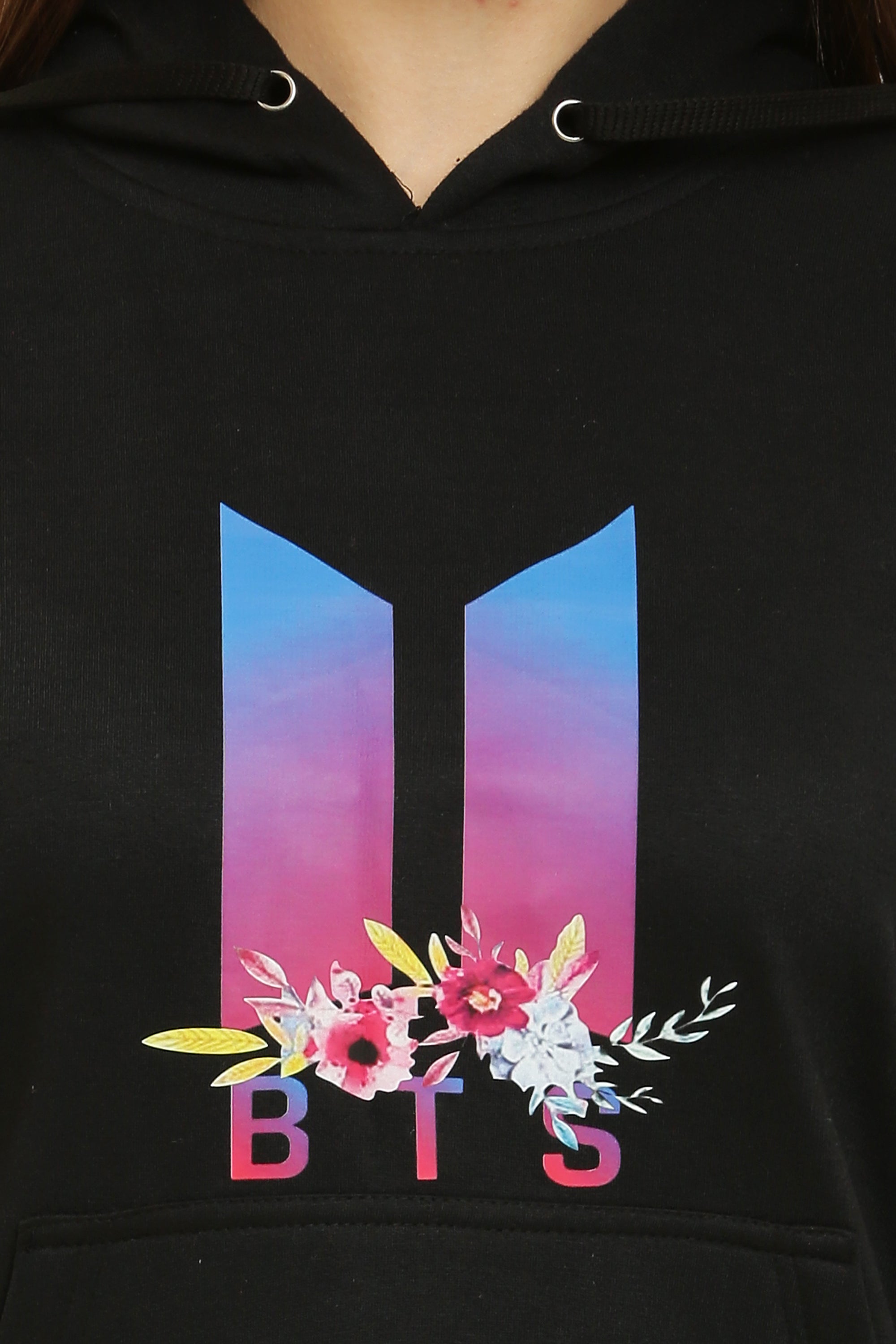 PAVONINE Black Color Bts Flower-Design Pullover Hoodie Sweatshirt For Girls - Distacart