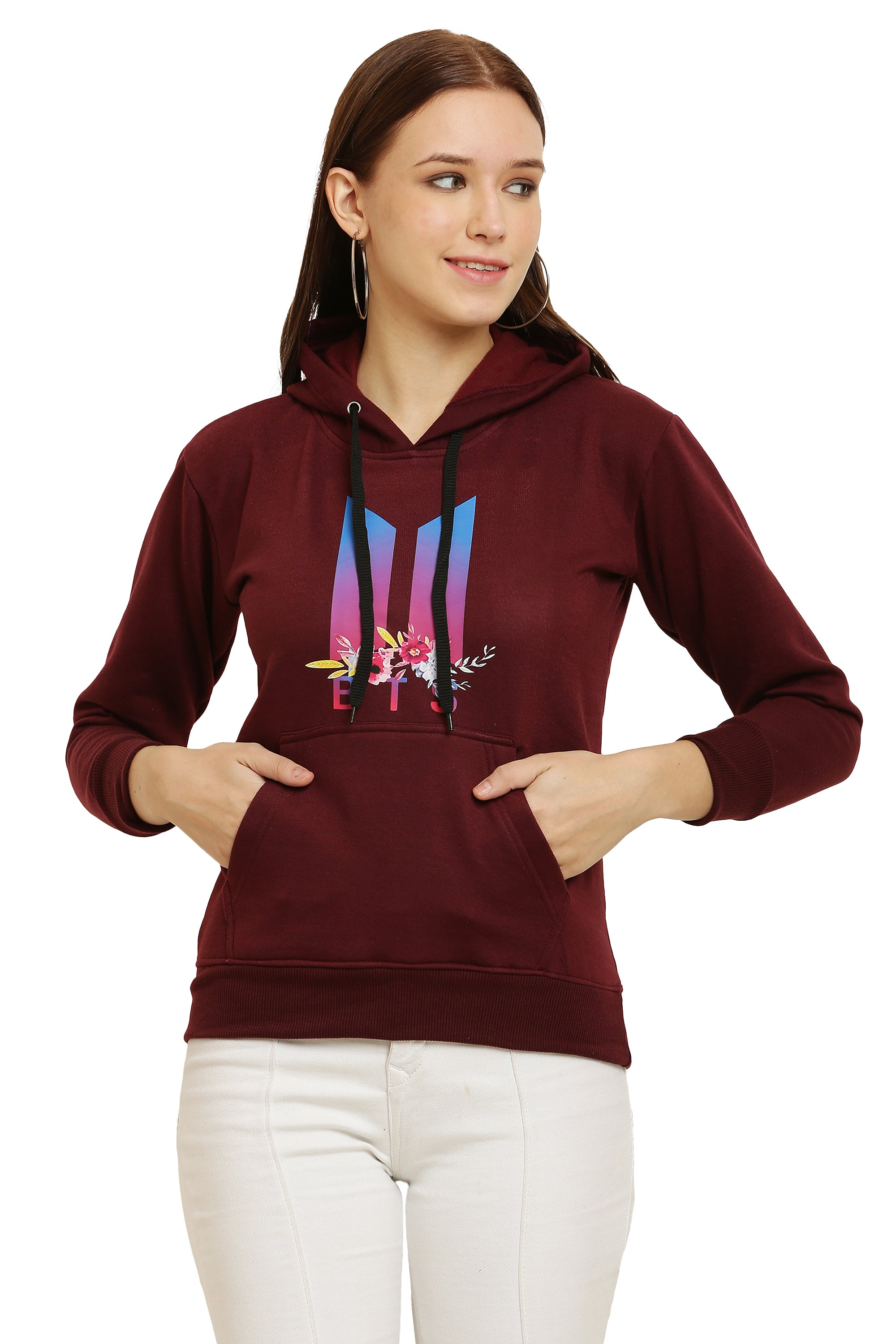 PAVONINE Maroon Color Bts Flower-Design Pullover Hoodie Sweatshirt For Girls - Distacart