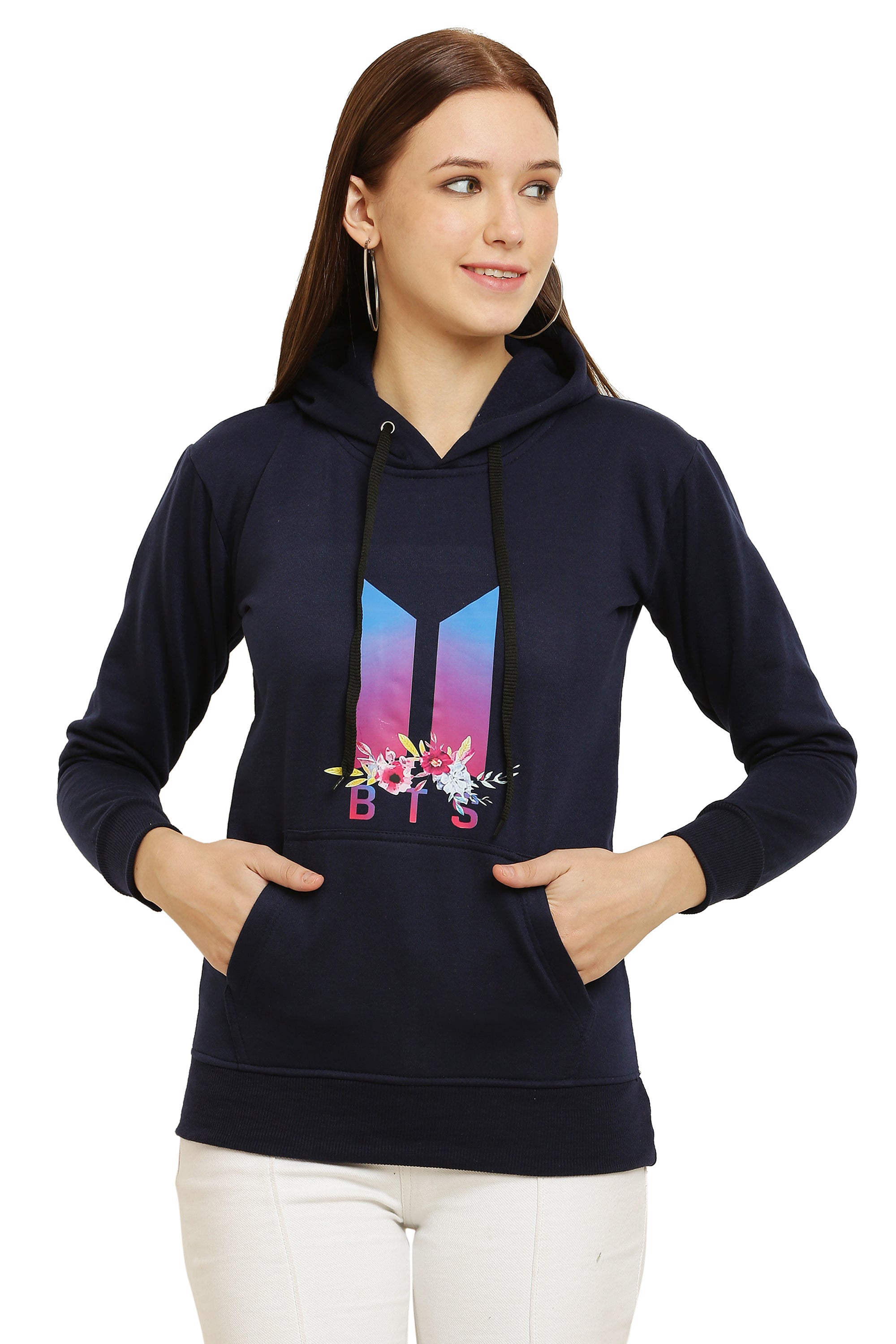 PAVONINE Navy Blue Color Bts Flower-Design Pullover Hoodie Sweatshirt For Girls - Distacart
