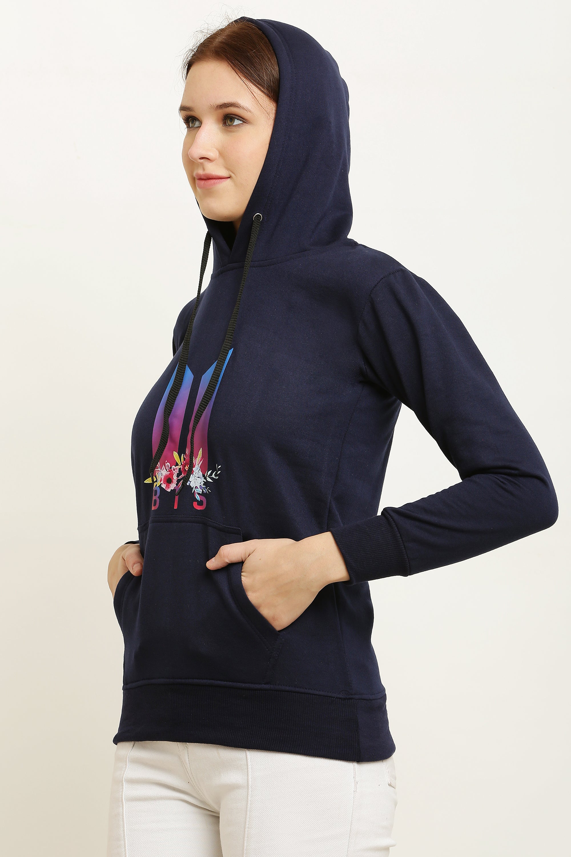 PAVONINE Navy Blue Color Bts Flower-Design Pullover Hoodie Sweatshirt For Girls - Distacart