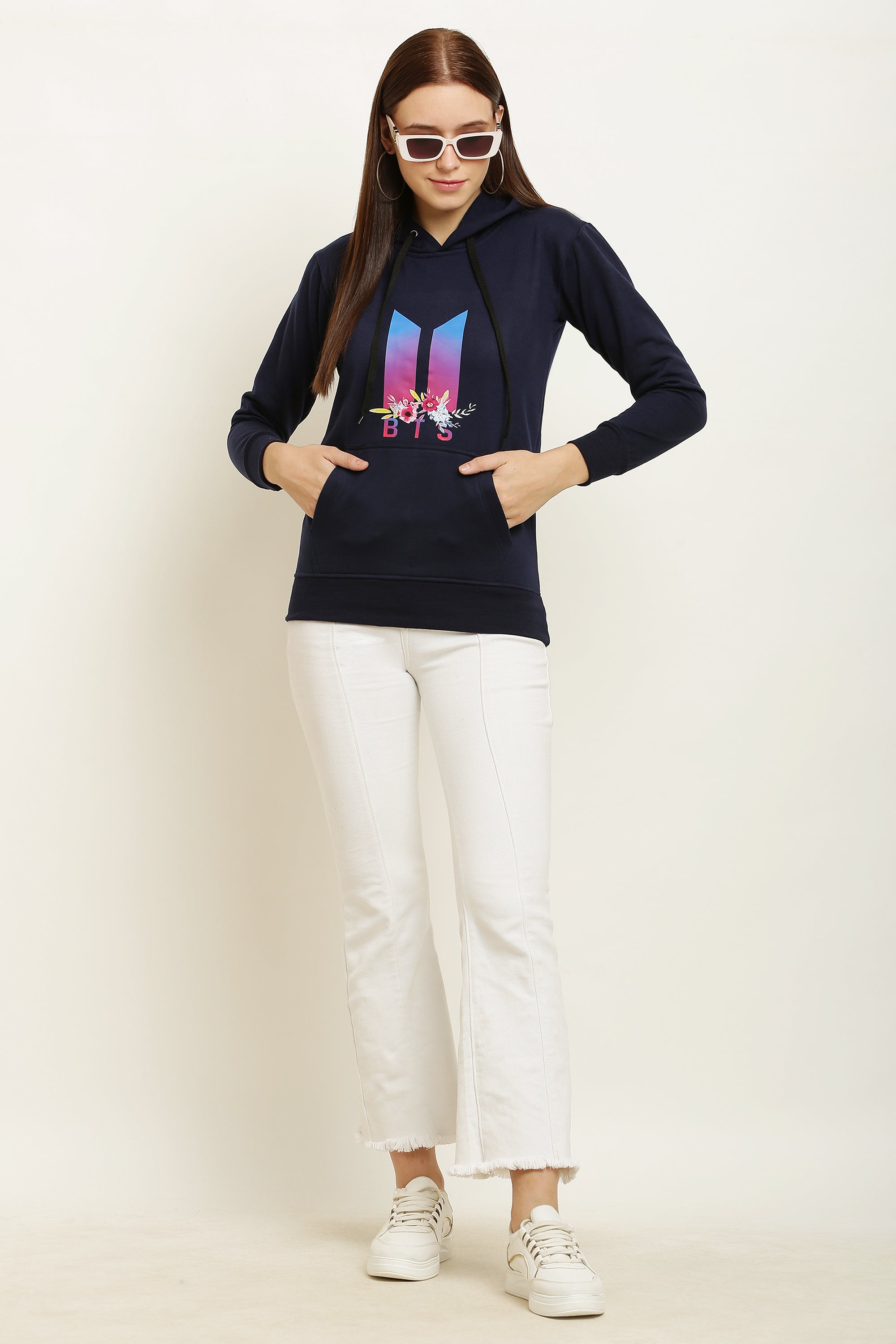 PAVONINE Navy Blue Color Bts Flower-Design Pullover Hoodie Sweatshirt For Girls - Distacart