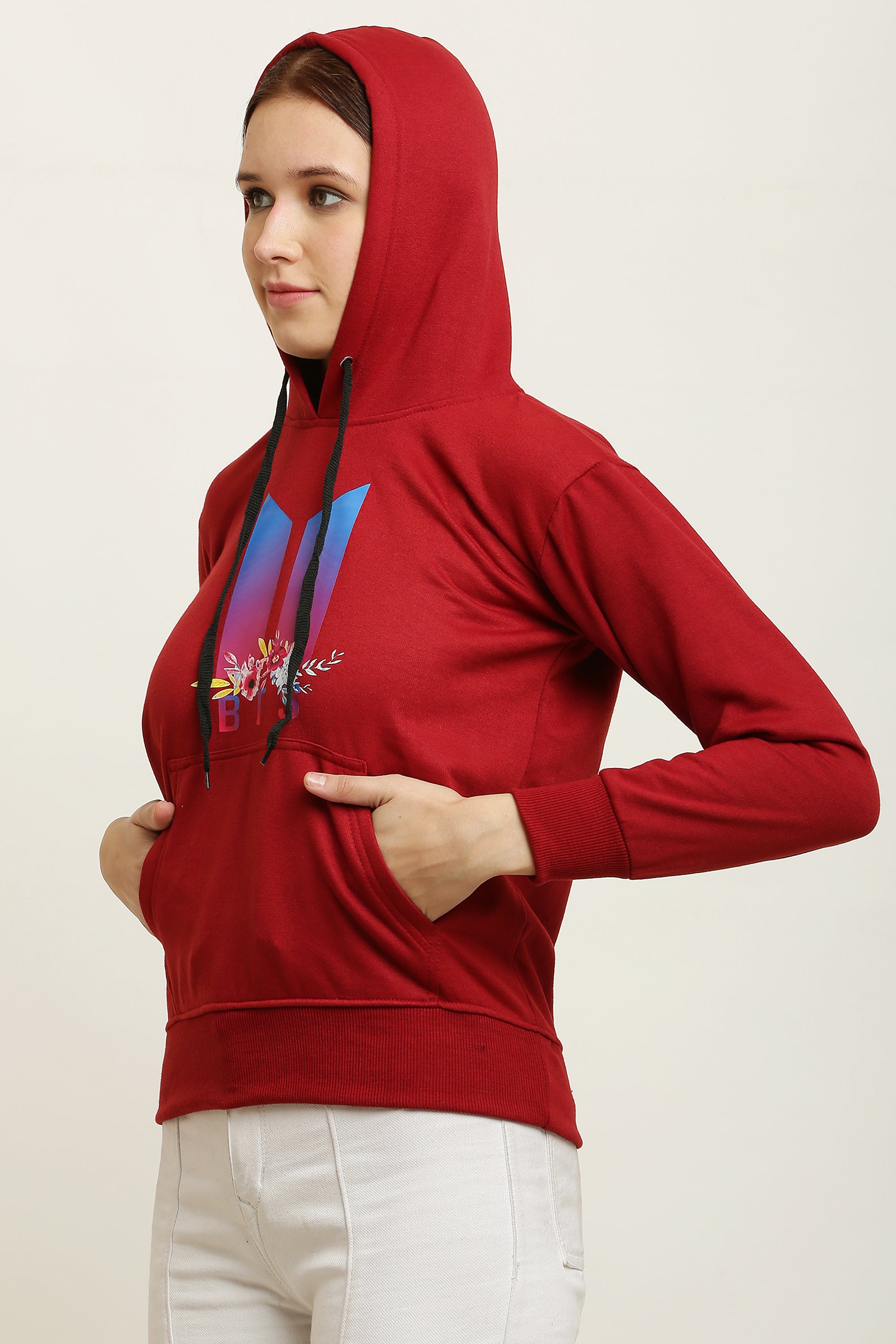 PAVONINE Red Color Bts Flower-Design Pullover Hoodie Sweatshirt For Girls - Distacart