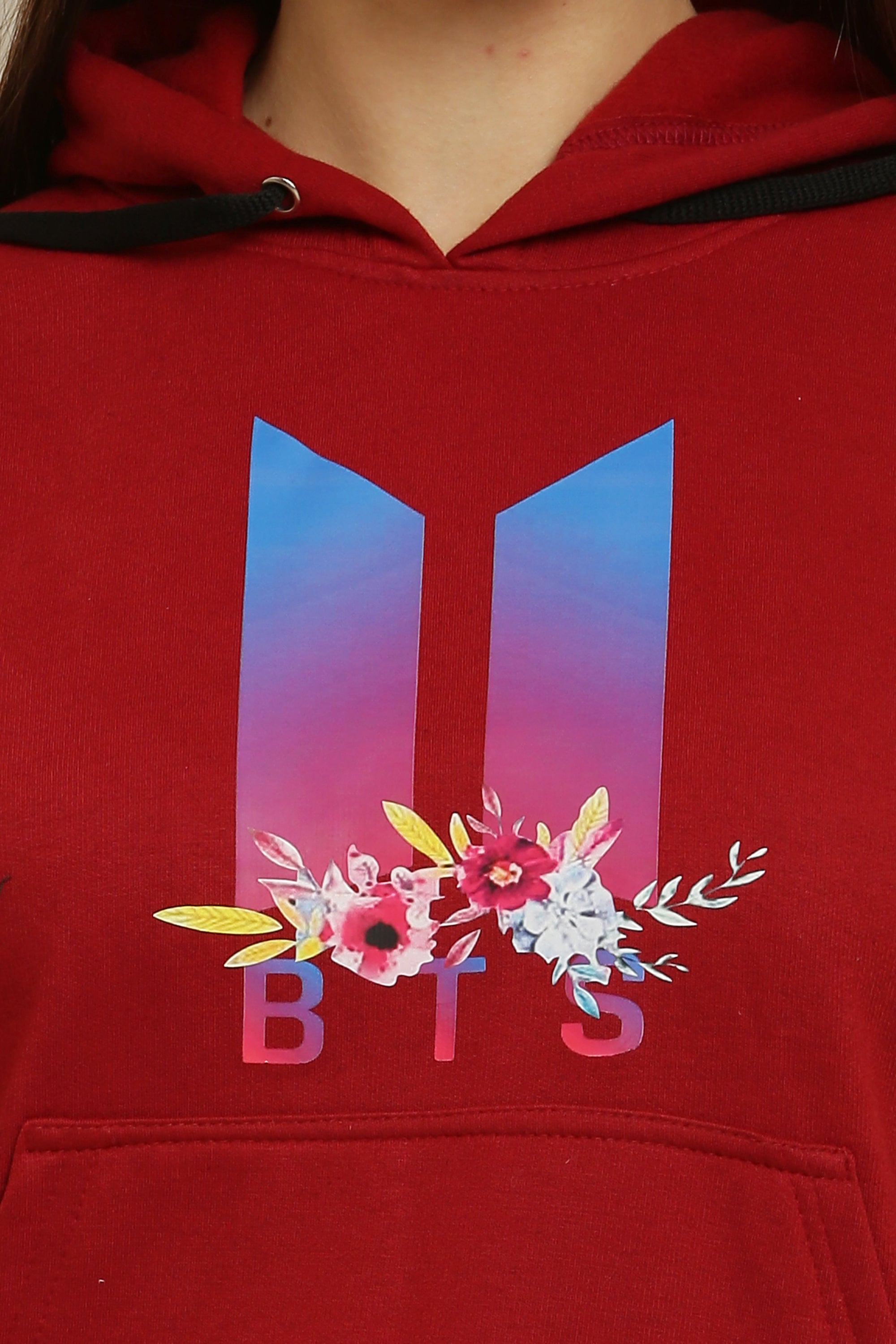 PAVONINE Red Color Bts Flower-Design Pullover Hoodie Sweatshirt For Girls - Distacart