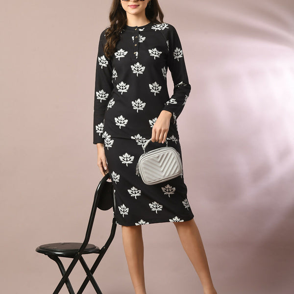 Myshka Women's Black Printed Round Neck Party Top With Skirt Co-ord set - Distacart
