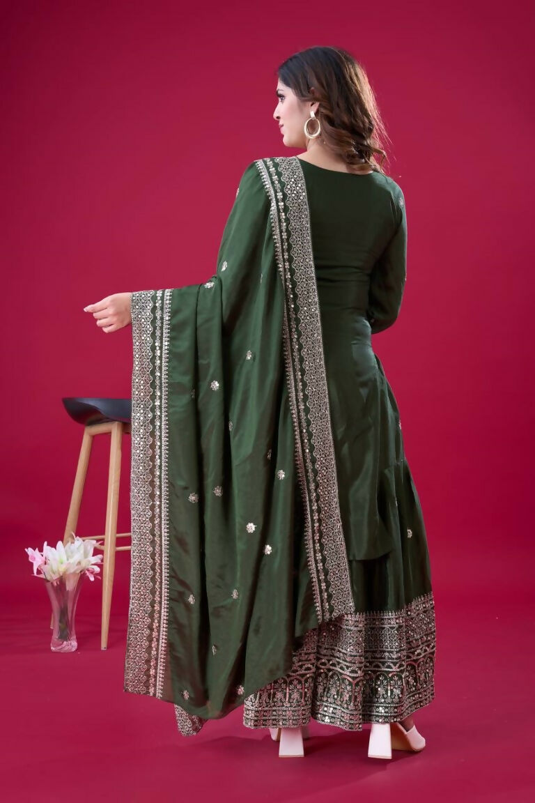 Teeya Creation Green Colour Chinnon Silk Heavy Embroidery Work Fully Stitched Salwar Suit