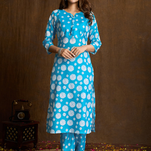 Prazu Fashion Sky Blue Printed Cotton Blend Kurta Pant Set - Distacart