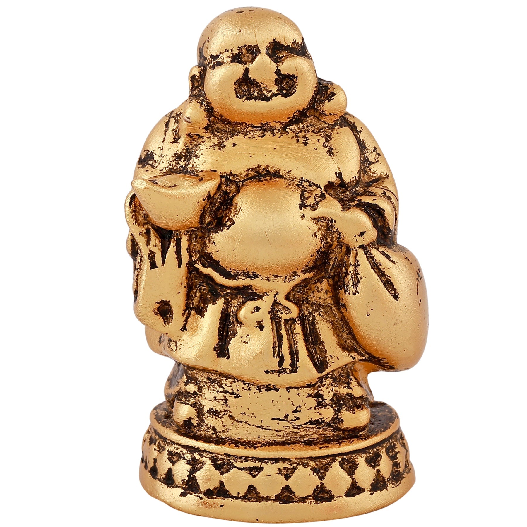 Estele Gold-Polished Laughing Buddha standing statue with Potli showpiece for Perfect Home and Office Décor - Distacart