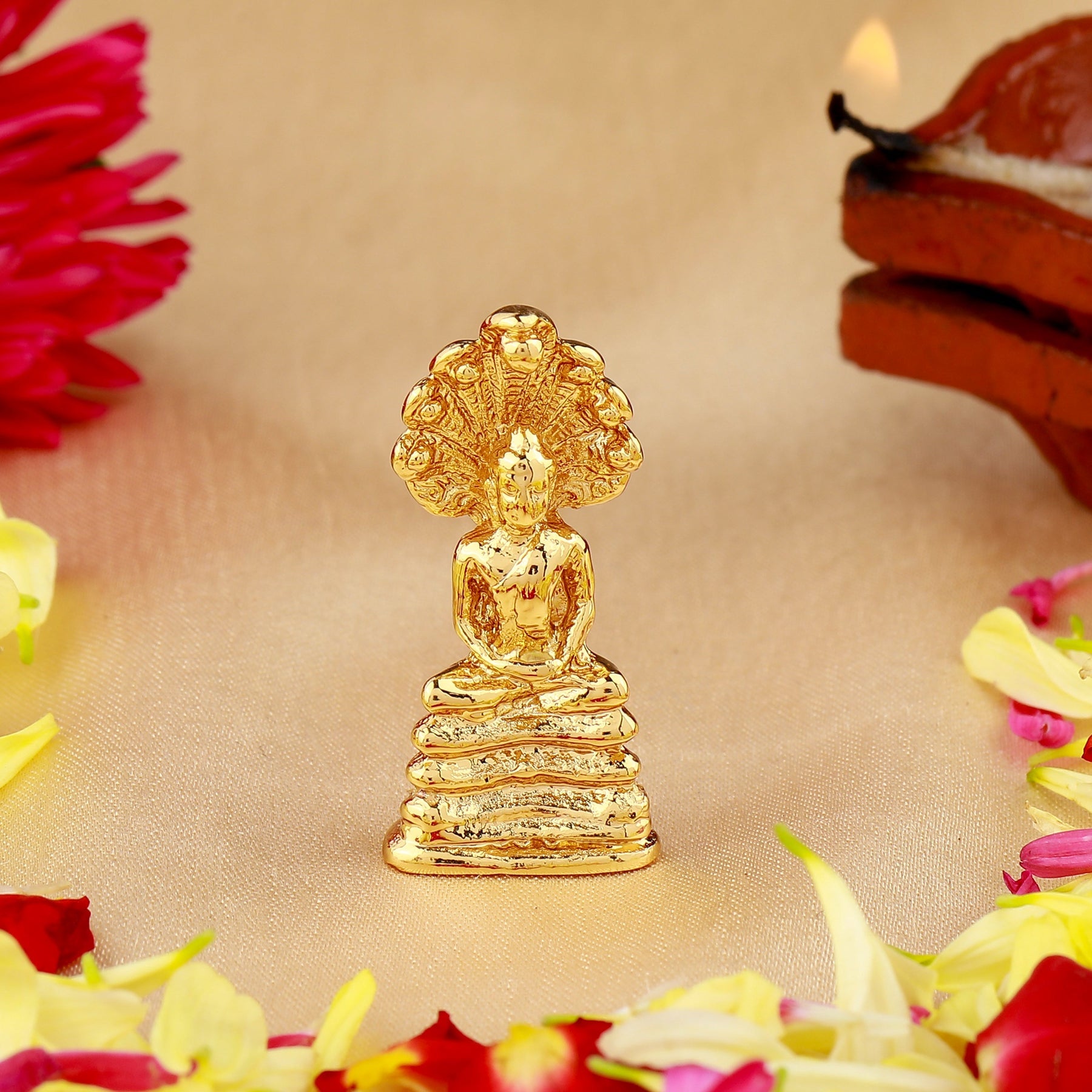 Estele Gold-Polished Medidative Lord Gautam Buddha Sitting under snake Hood Idol for Pooja/Car decor - Distacart