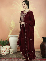 Thumbnail for Jyoti Fashion Women's Maroon Velvet Cording with Resham Thread & Sequin Kurta with Trouser & Dupatta - Distacart