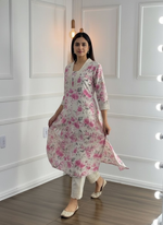 Thumbnail for BulBul Hazel Pink Floral Cotton Kurta Set