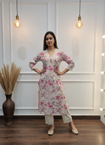 Thumbnail for BulBul Hazel Pink Floral Cotton Kurta Set