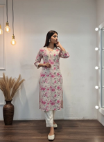 Thumbnail for BulBul Hazel Pink Floral Cotton Kurta Set