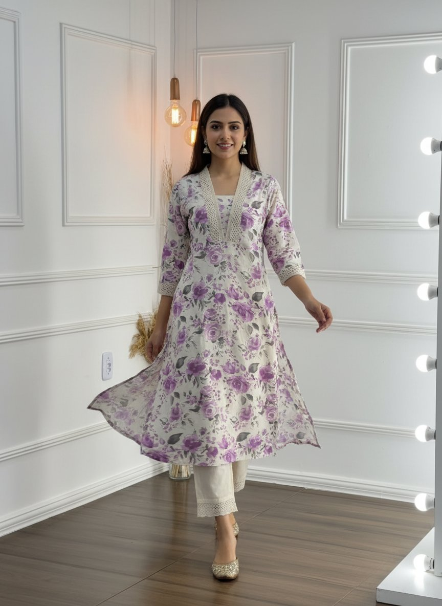 BulBul Hazel Purple Floral Cotton Kurta Set