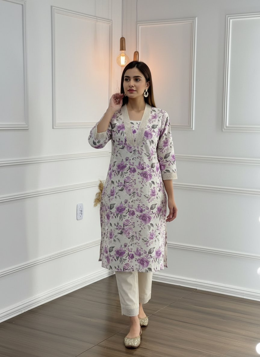 BulBul Hazel Purple Floral Cotton Kurta Set