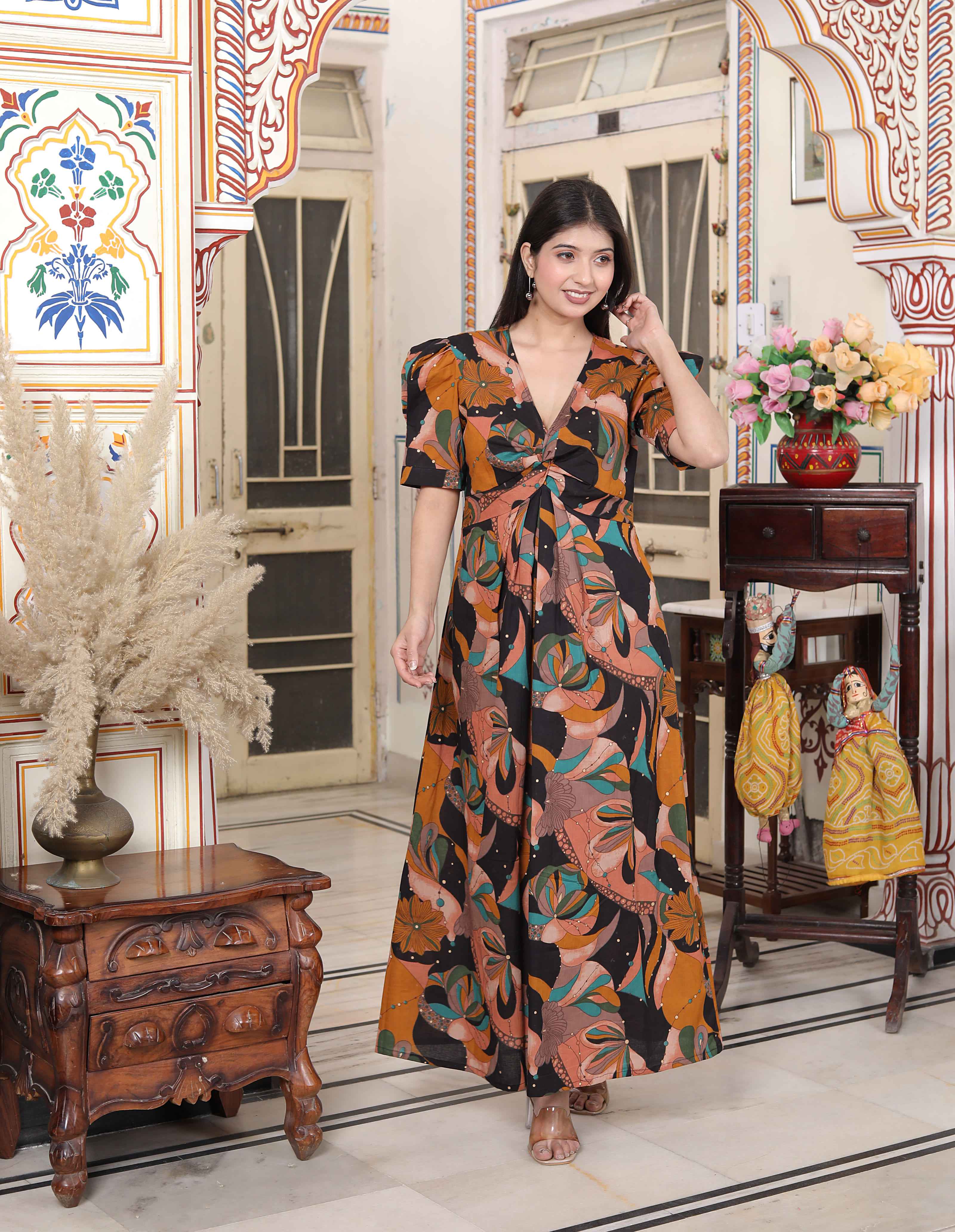 Miravan Women's Pure Cotton Black And Orange Puff Sleeve Floral printed Butterfly Maxi Dress - Distacart