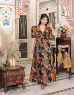 Thumbnail for Miravan Women's Pure Cotton Black And Orange Puff Sleeve Floral printed Butterfly Maxi Dress - Distacart