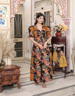 Thumbnail for Miravan Women's Pure Cotton Black And Orange Puff Sleeve Floral printed Butterfly Maxi Dress - Distacart