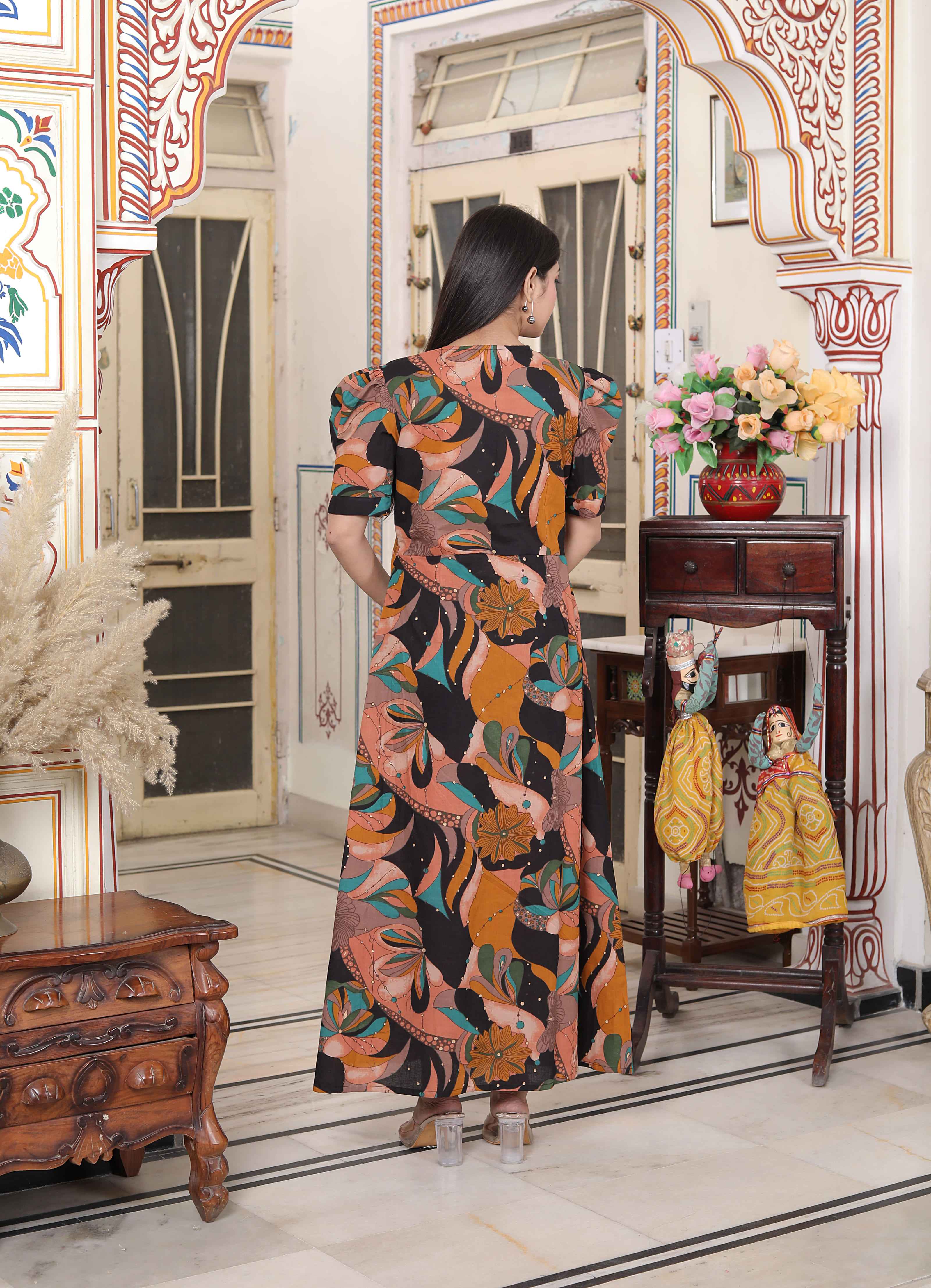 Miravan Women's Pure Cotton Black And Orange Puff Sleeve Floral printed Butterfly Maxi Dress - Distacart