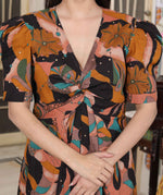 Thumbnail for Miravan Women's Pure Cotton Black And Orange Puff Sleeve Floral printed Butterfly Maxi Dress - Distacart