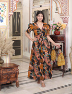 Thumbnail for Miravan Women's Pure Cotton Black And Orange Puff Sleeve Floral printed Butterfly Maxi Dress - Distacart