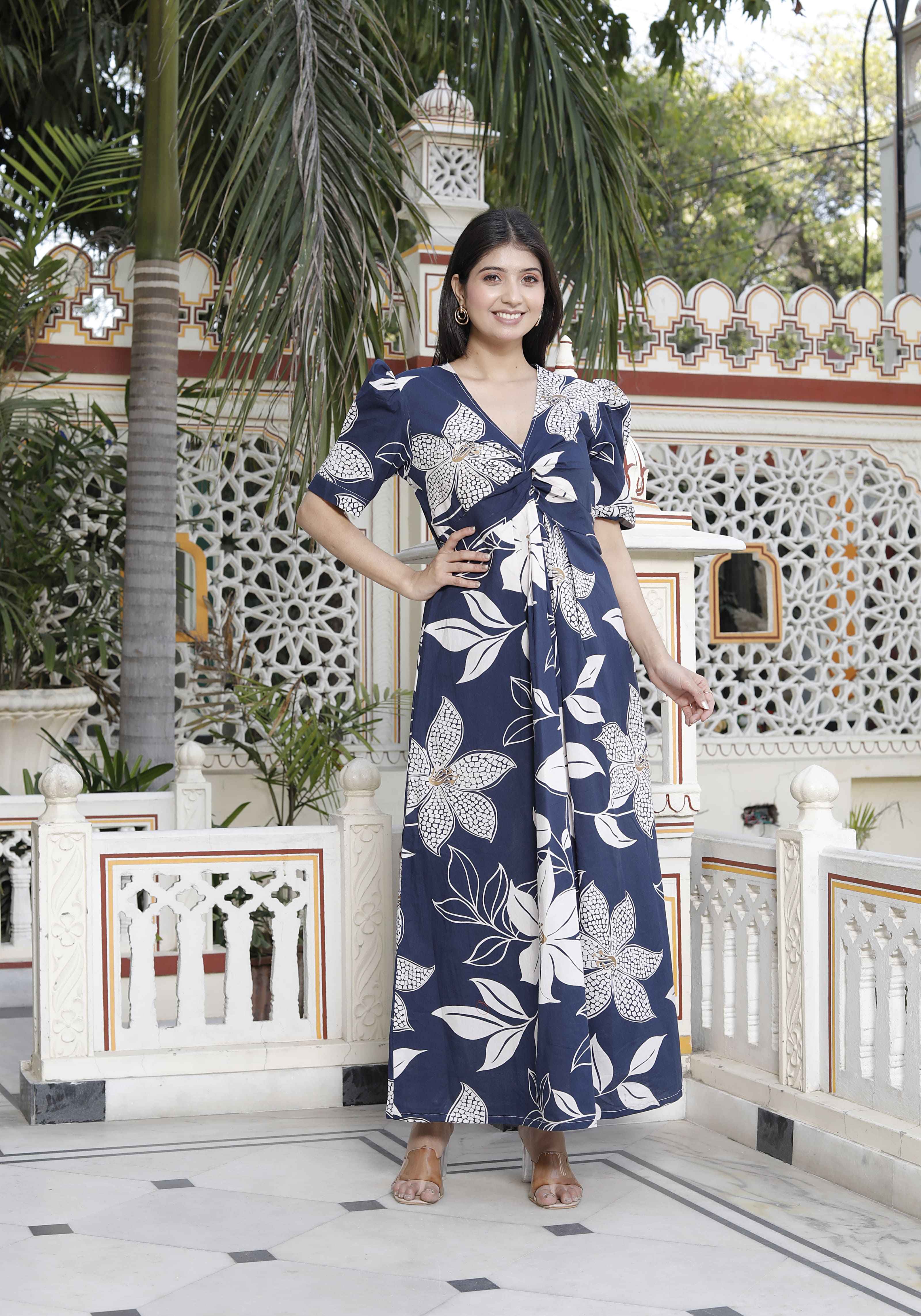 Miravan Women's Blue Flower Printed Puff Sleeve Pure Cotton Fit V Neck Butterfly Middi Dress - Distacart