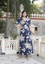 Thumbnail for Miravan Women's Blue Flower Printed Puff Sleeve Pure Cotton Fit V Neck Butterfly Middi Dress - Distacart