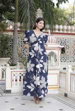 Thumbnail for Miravan Women's Blue Flower Printed Puff Sleeve Pure Cotton Fit V Neck Butterfly Middi Dress - Distacart