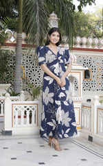 Thumbnail for Miravan Women's Blue Flower Printed Puff Sleeve Pure Cotton Fit V Neck Butterfly Middi Dress - Distacart