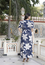 Thumbnail for Miravan Women's Blue Flower Printed Puff Sleeve Pure Cotton Fit V Neck Butterfly Middi Dress - Distacart