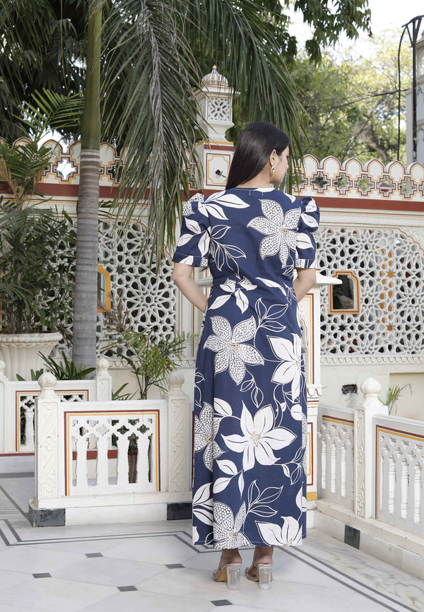 Miravan Women's Blue Flower Printed Puff Sleeve Pure Cotton Fit V Neck Butterfly Middi Dress - Distacart