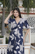 Thumbnail for Miravan Women's Blue Flower Printed Puff Sleeve Pure Cotton Fit V Neck Butterfly Middi Dress - Distacart