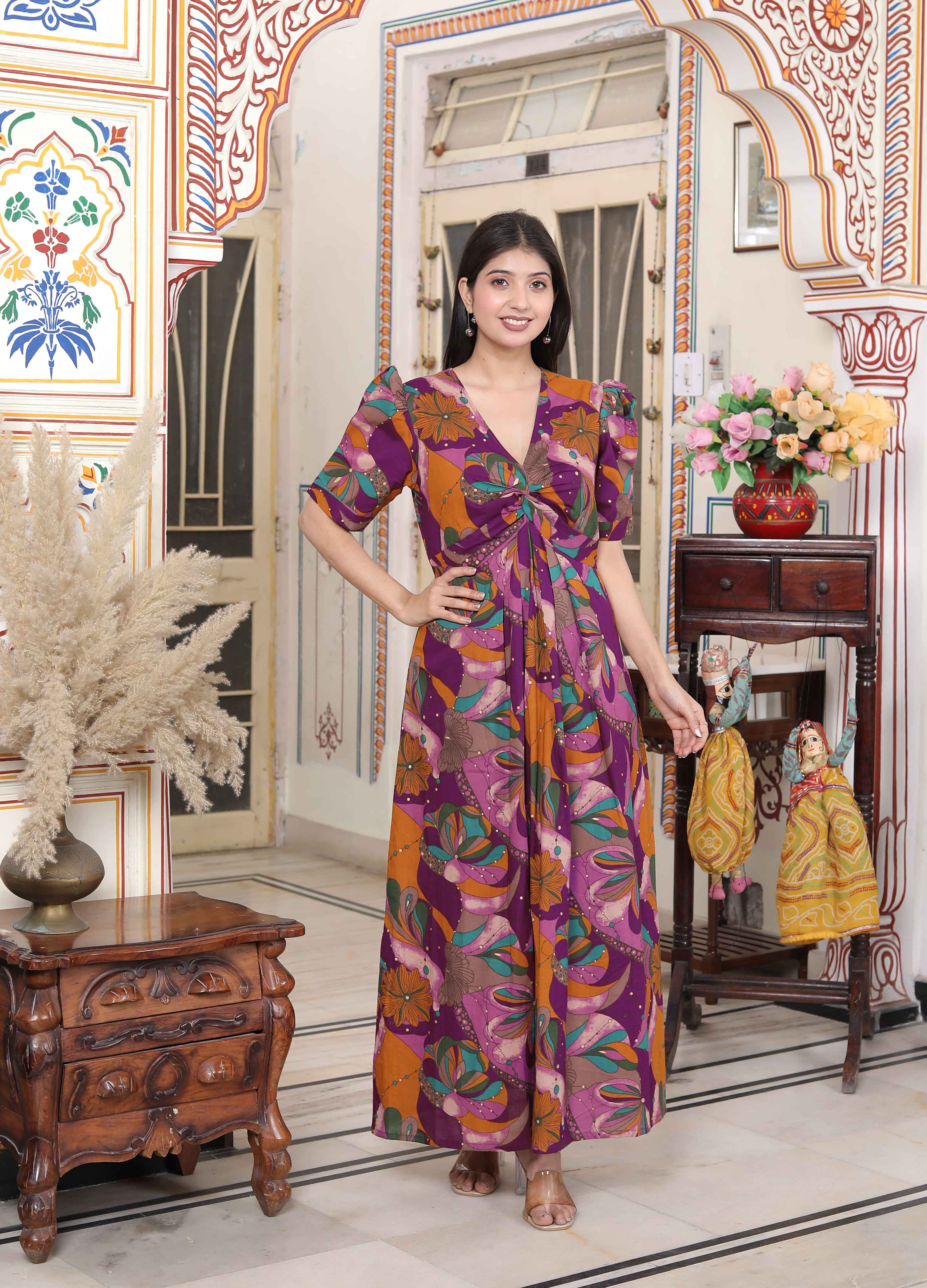 Miravan Women's Floral Print Puff Sleeve Pure Cotton Fit Flare Magenta Butterfly Maxi Dress - Distacart