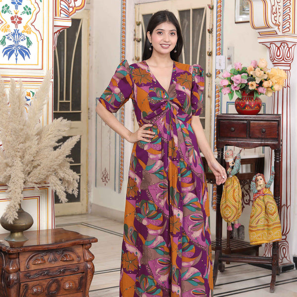 Miravan Women's Floral Print Puff Sleeve Pure Cotton Fit Flare Magenta Butterfly Maxi Dress - Distacart