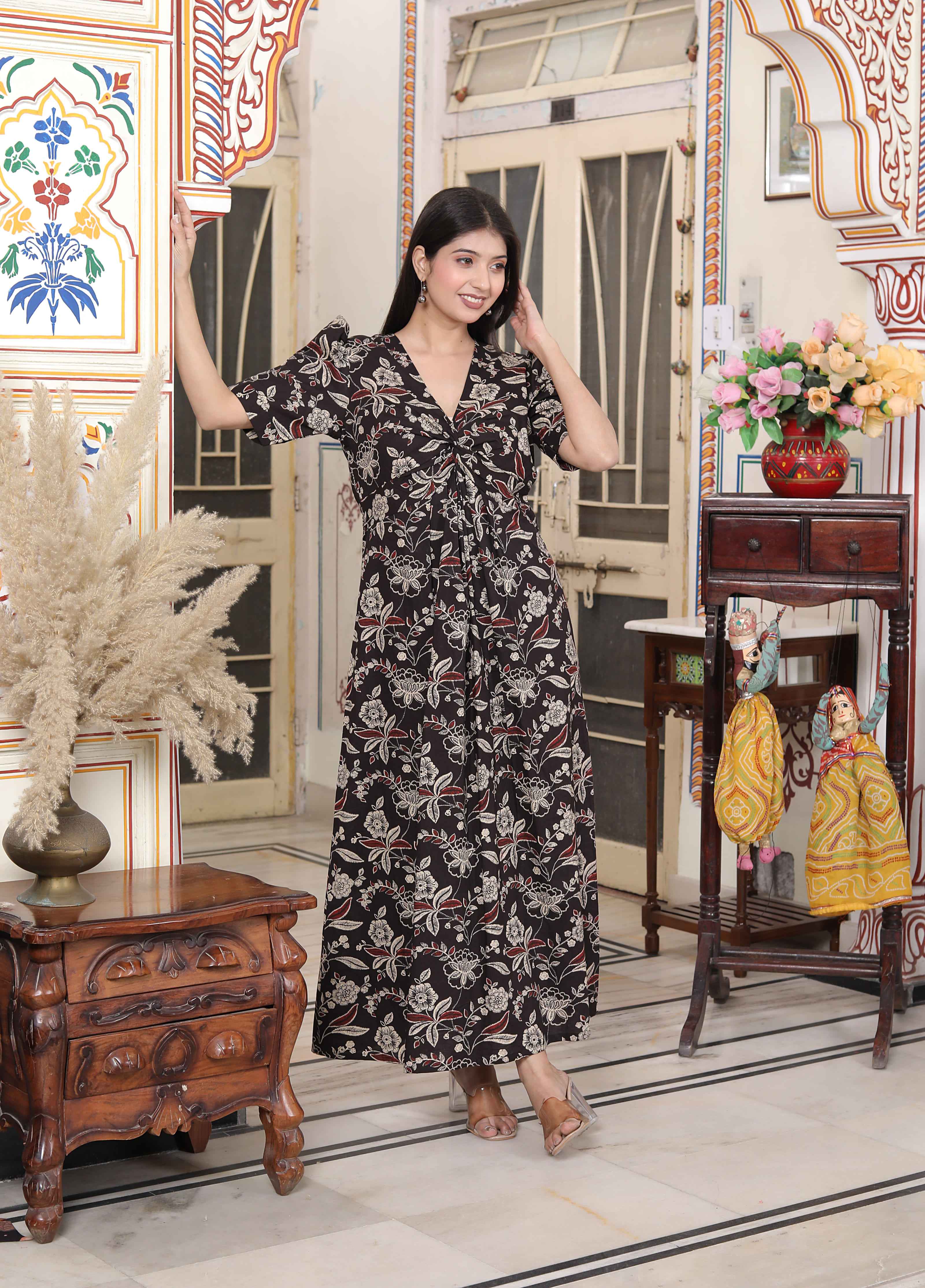 Miravan Women's Multicolored Pleated Puff Sleeve Floral Pure Cotton Butterfly Maxi Dress - Distacart