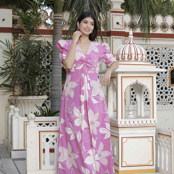 Miravan Women's Pink Floral Print Puff Sleeve Pure Cotton Fit Flare Butterfly Maxi Dress - Distacart