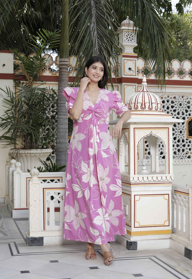 Buy Miravan Women's Pink Floral Print Puff Sleeve Pure Cotton Fit Flare  Butterfly Maxi Dress Online At low Price