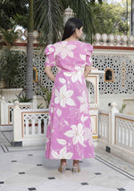 Thumbnail for Miravan Women's Pink Floral Print Puff Sleeve Pure Cotton Fit Flare Butterfly Maxi Dress - Distacart